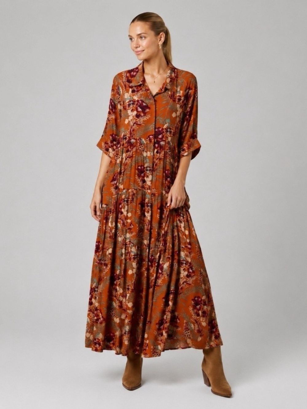 NATURAL LIFE Rebecca Dress Floral Tropical Tiered Boho Maxi Rust Orange Medium